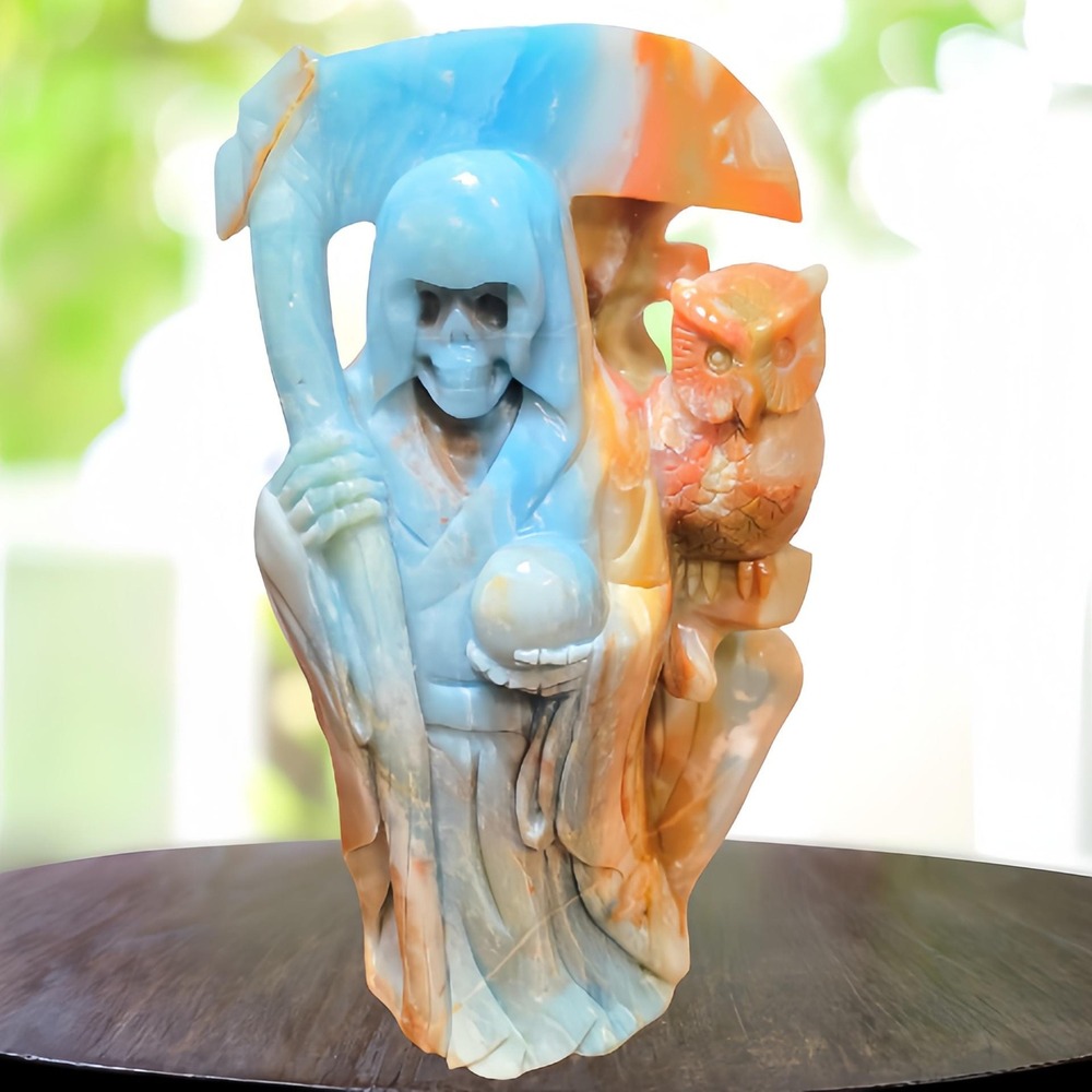 Large Crystal Grim Reaper Statue with Soul Orb and Scythe Caribbean Calcite